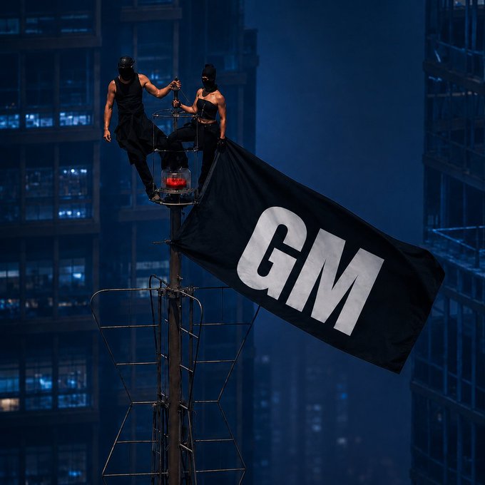 Two masked figures perch atop a metal tower in a dark cityscape, unfurling a large black flag emblazoned with bold white "GM" lettering. The image visually echoes the post's opening "Gm" greeting, capturing a moody, cinematic good-morning vibe that pairs with the user's reflective tone after their mindfulness session.