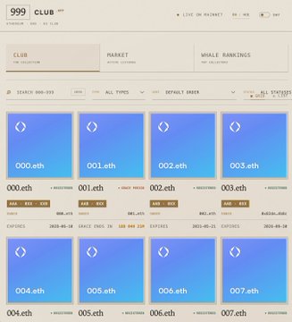 The image shows the 999 Club NFT marketplace displaying a collection of "000.eth" through "007.eth" ENS-based NFT listings with prices in ETH, including items "OWN TROVE" and "ALREADY MINTED," with the most recent mint dated 2023-05-16. The screenshot highlights the persistence of ENS-related NFT projects, aligning with the post's acknowledgment of builders still working in the ENS ecosystem.