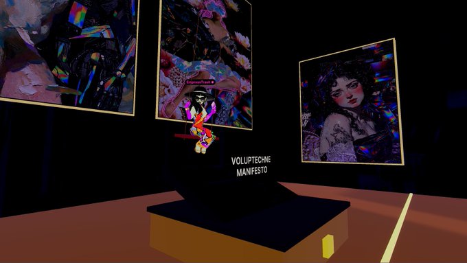 A dark virtual gallery space displaying framed glitch-art portraits and abstract paintings, with text reading 'VOLUPTECHNE MANIFESTO' near a central colorful sculpture on a pedestal.