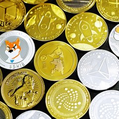 A scattered arrangement of physical cryptocurrency tokens, including a Shiba Inu (SHIB) coin and an Ethereum coin, is displayed against a background of gold coins. The image visually represents the crypto market mentioned in the post about cooled crypto fund flows amid economic uncertainty.