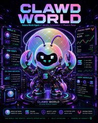 'CLAWD WORLD' promotional graphic featuring a colorful cartoon character with a mask, surrounded by various cryptocurrency and project logos at the bottom.