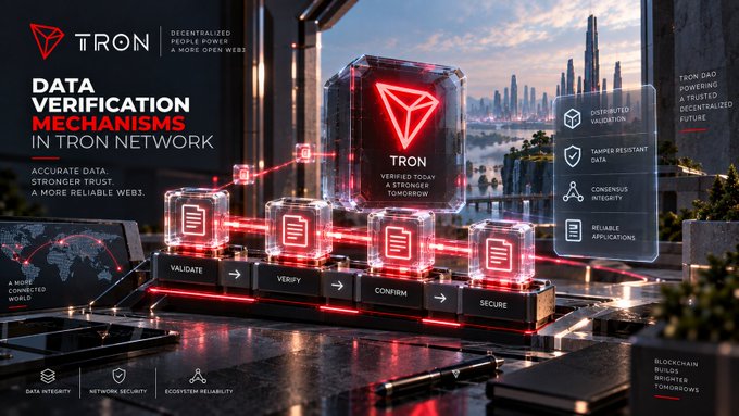 A promotional graphic for TRON network showcasing 'DATA VERIFICATION MECHANISMS' with a futuristic cityscape background and text emphasizing 'DECENTRALIZED PEOPLE POWER' and a 'MORE OPEN WEB,' alongside labeled steps: VALIDATE, VERIFY, CONFIRM, SECURE.