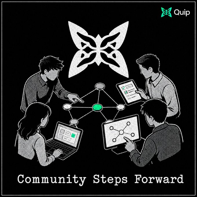The image features a group of people working together at a table with laptops and other technology equipment. The text "Community Steps Forward" is written above them, emphasizing their collaborative efforts. This scene demonstrates the importance of teamwork and cooperation within a community or network, as they work towards achieving common goals using modern technology like laptops and other devices.