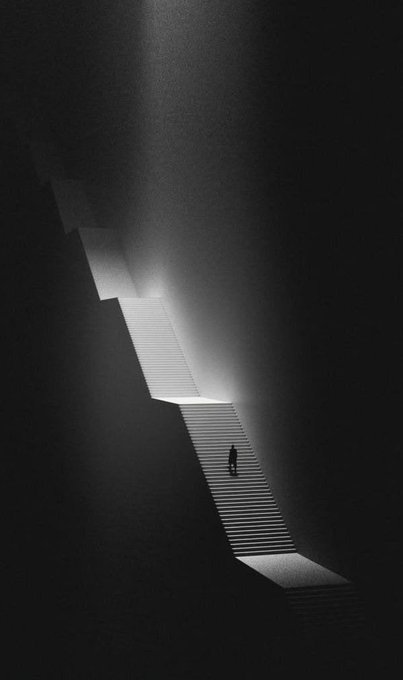 Atmospheric black and white digital artwork depicting a solitary figure standing on a long, illuminated staircase ascending into darkness.