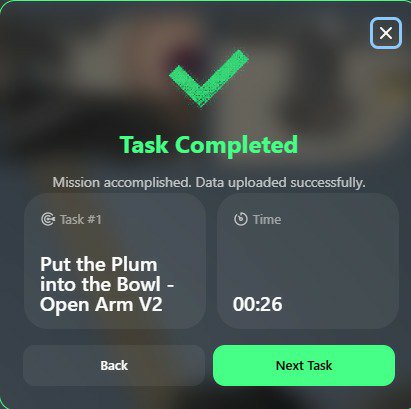 A "Task Completed" success screen shows mission accomplished with task #1 "Put the Plum into the Bowl - Open Arm V2" completed in 00:26.