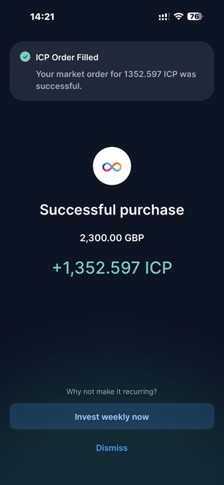 The image shows a successful crypto purchase confirmation on what appears to be a trading app, displaying a filled ICP order for 1,352.597 ICP at a cost of 2,300.00 GBP, with a notification at the top reading "ICP Order Filled — Your market order for 1352.597 ICP was successful."

This screenshot directly supports the post by visually documenting the recently completed ICP token purchase being celebrated.