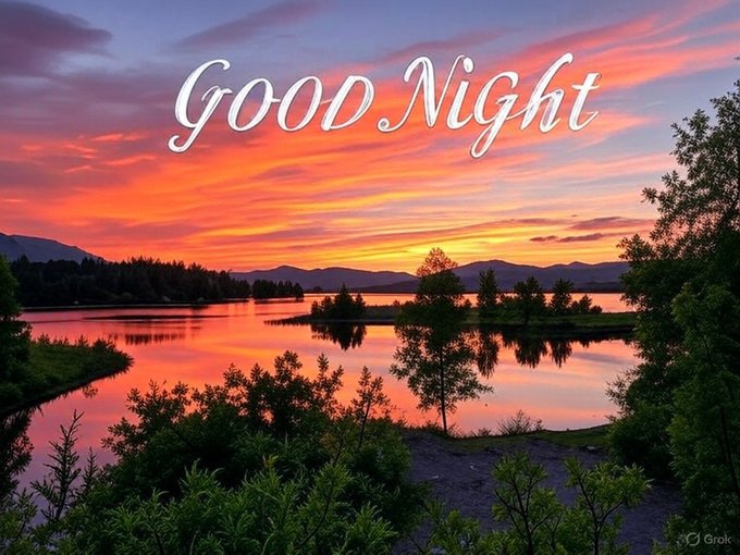 A sunset over a lake with mountains in the background, featuring the text 'Good Night' in elegant script.