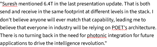 A text excerpt with underlined phrases 'Suresh', 'POET's', and 'photonic', discussing a 6.4T capability and photonic integration for driving the intelligence revolution.