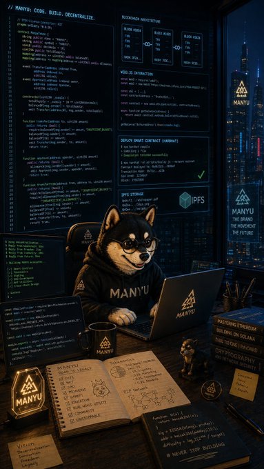 An AI-generated illustration shows a Shiba Inu dog dressed as a programmer wearing a 'MANYU' hoodie, typing at a laptop surrounded by code, charts, and a notebook, with text including 'MASTERING ETHEREUM', 'BUILDING ON SOLANA', 'TRUE TO OUR STANDARD', and 'CRYPTIDOGRAPHY'.