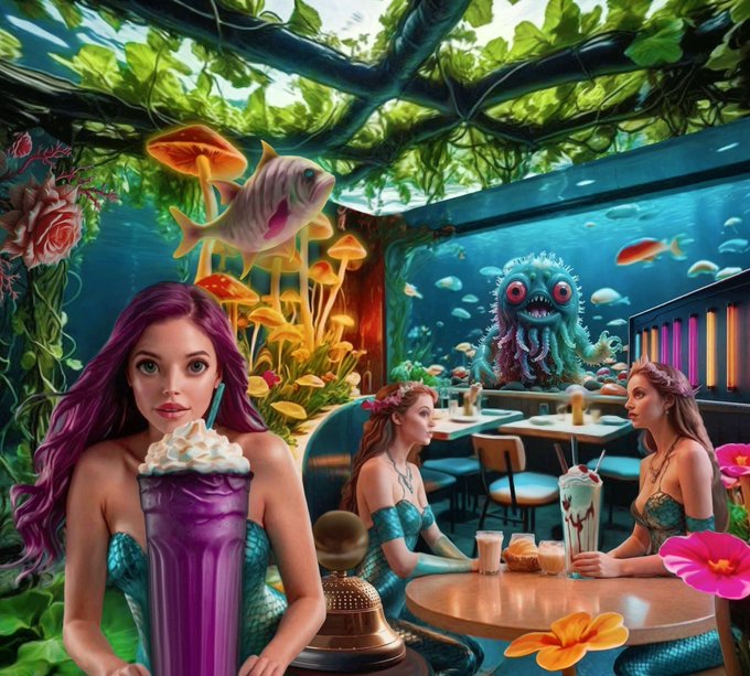 A vibrant fantasy scene of mermaids at an underwater cafe with floating fish, glowing mushrooms, and a quirky blue sea creature in the background.