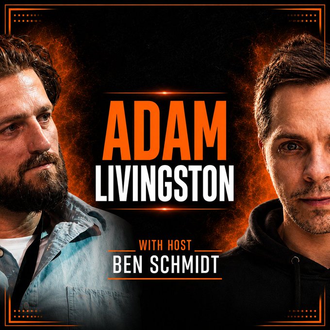 A podcast cover featuring two men's faces on either side with bold orange text reading "ADAM LIVINGSTON WITH HOST BEN SCHMIDT" against a dark, fiery background. The dramatic design complements the post's provocative message about Bitcoin self-custody security following the Coldcard wallet hack.
