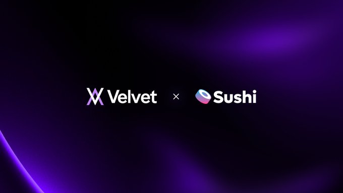 The image presents a graphic representation of an advertisement for a product or service called "SushiSwap" that is related to the trading of cryptocurrencies such as Bitcoin and Ethereum. The graphic design features a purple background, with two vertical lines forming words on the left side in white and yellow colors. These words are "XVELET" and "Sushi", indicating that the advertisement promotes both platforms for trade execution. Below the lines, there's text that reads "Better execution just landed on Velvet We've integrated @SushiSwap APIs into Velvet's trade execution system across: - Base - BNB Chain  Ethereum More liquidity More routing options Better pricing Lower slippage". The main focus of the image is the product or service being advertised, making it visually appealing and engaging for viewers.