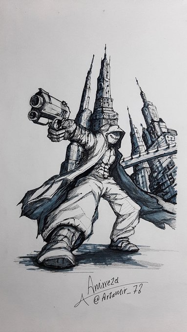 A hand-drawn ink sketch of a hooded figure wielding a large futuristic gun against a backdrop of skyscrapers, signed 'AmazeD @Artamir_78'.