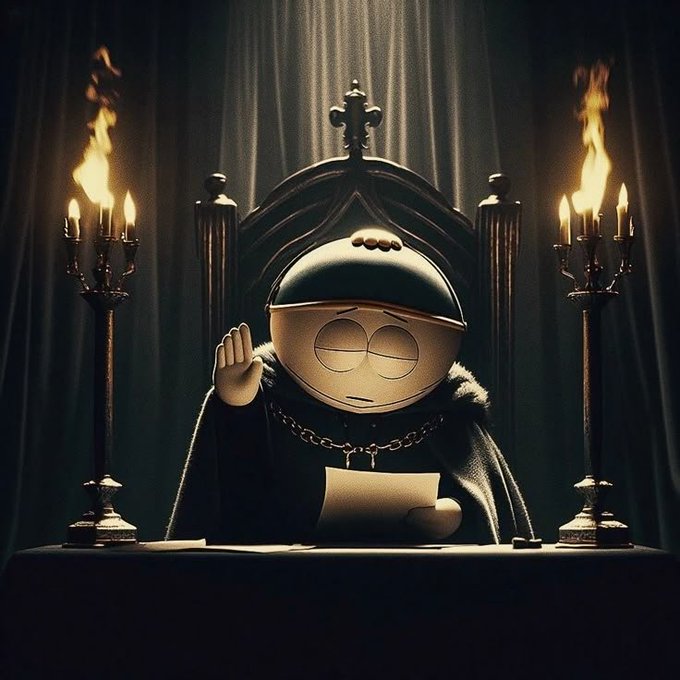 A cartoon-style character wearing a judge's cap and robes sits on a throne, reading a paper with one hand raised, flanked by lit candelabras in a dark, dramatic setting.