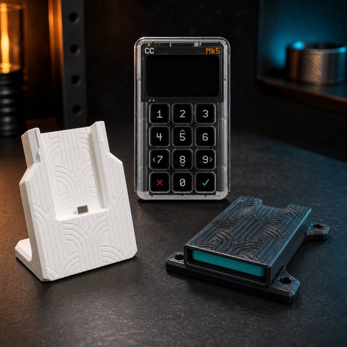 A transparent Mk5 CC payment terminal with a numeric keypad sits on a dark surface next to a white 3D-printed stand and a black card reader device.