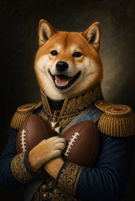 A classical oil painting-style portrait depicts a smiling Shiba Inu dog dressed in an ornate blue military uniform with gold epaulettes, holding two footballs crossed over its chest.