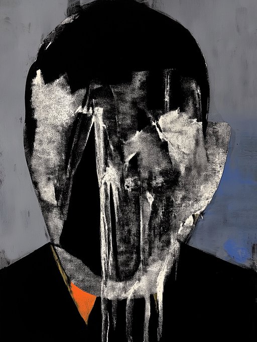 An abstract painting of a head/face in black and white with dripping paint effects and an orange accent at the neck area.