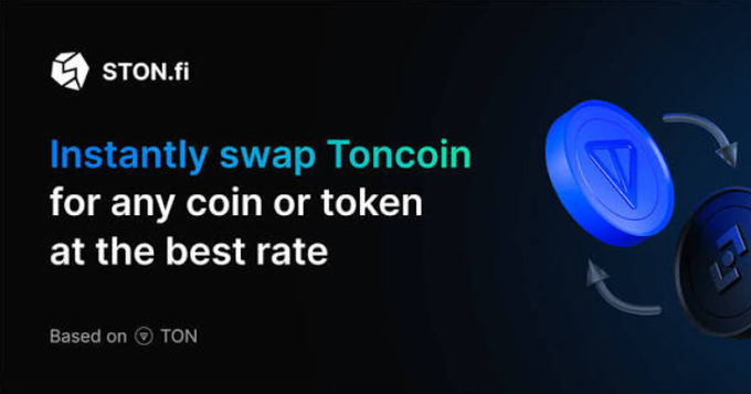 An advertisement for STON.fi reading 'Instantly swap Toncoin for any coin or token at the best rate' with 'Based on TON' below, alongside 3D rendered cryptocurrency coins.