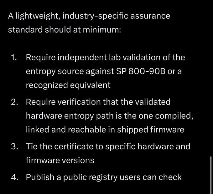 Black screen with white text outlining standards for an industry-specific assurance standard, including requirements for independent lab validation, hardware verification, version-specific certificates, and a public registry.