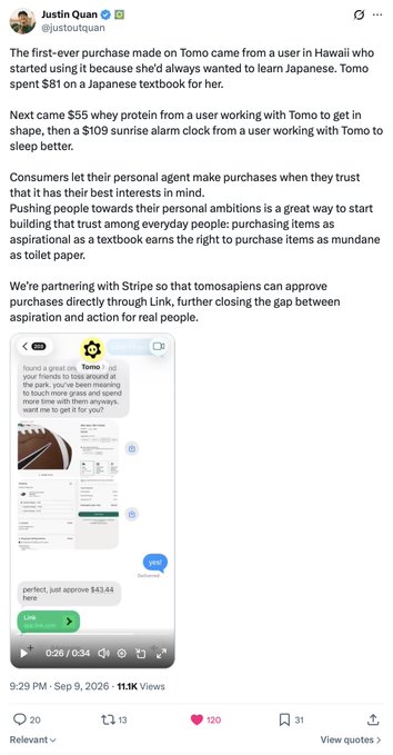 A tweet from Justin Quan (@justoutquinn) discussing the 'Tomo' AI agent making purchases on behalf of users, partnering with Stripe for real-world transactions.
