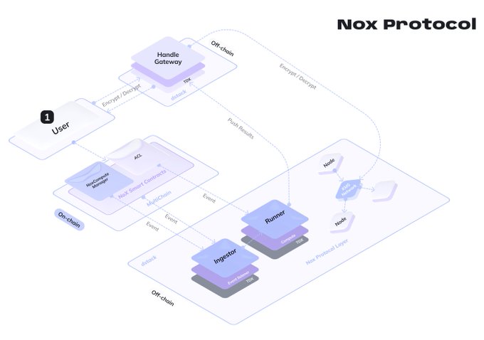 The image is a flowchart for the **Nox Protocol**, illustrating an architecture where a **User** sends encrypted data via an **Encrypt/Decrypt** step through a **Handle Gateway** off-chain, with a "TEE" handling details. The data flows to **Runner** and **Ingestor** components on the **Nox Protocol Layer**, which receive "ACL" (Access Control List) from a **Key Manager**, push "Event" signals to **MultiChain** for "On-chain" recording, and ultimately distribute "Publish Results" back through the gateway to nodes—visually mapping how privacy is enforced through controlled, encrypted access rather than full transparency.