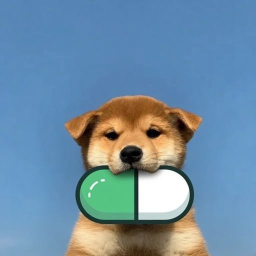 An illustration of a brown puppy holding a large green and white capsule pill in its mouth against a blue background.