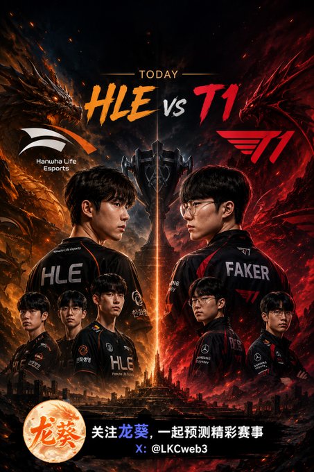 A promotional esports poster announces 'TODAY HLE vs T1' featuring players from Hanwha Life Esports and T1 (including Faker), with Chinese text at the bottom mentioning @LKCweb3.