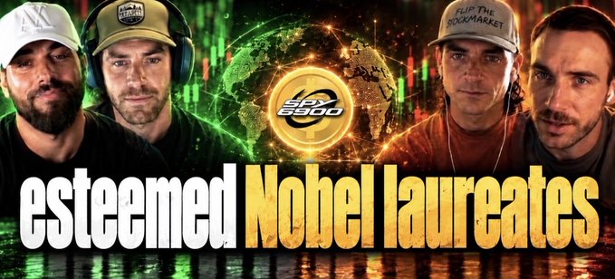 Thumbnail showing four men flanking a central logo with text 'esteemed Nobel laureates' and '$50', appearing to be a YouTube video preview.