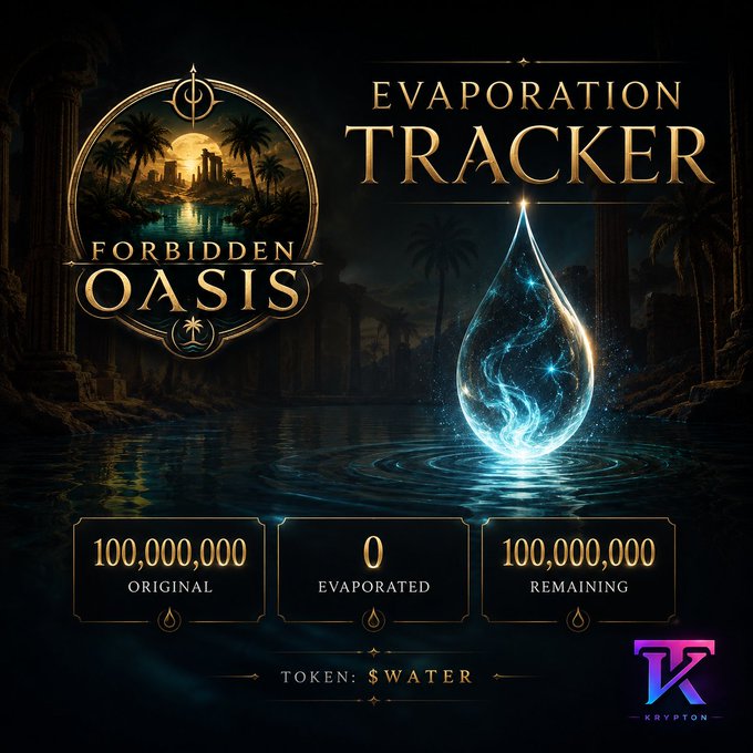 The image displays a promotional graphic titled "EVAPORATION TRACKER" featuring the Forbidden Oasis logo and a glowing water droplet, with three metrics at the bottom showing 100,000,000 ORIGINAL, 0 EVAPORATED, and 100,000,000 REMAINING tokens, all labeled with the ticker $WATER and branded with the Krypton logo. The visual directly supports the accompanying post by illustrating the new dashboard that tracks the $WATER token's supply metrics—original supply, evaporated tokens, and remaining supply—reinforcing Forbidden Oasis's commitment to making supply reduction a transparent, measurable metric ahead of launch.