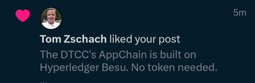 A notification shows that Tom Zschach liked a post stating, "The DTCC's AppChain is built on Hyperledger Besu. No token needed," which contrasts the original poster's bullish stance on Chainlink's institutional adoption by highlighting a competing blockchain solution that doesn't require a native token.