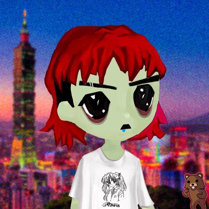 A cartoon character with green skin, spiky red hair, and a grumpy expression wears a white T-shirt featuring an anime-style girl and the "Milady" text/logo, set against a blurred nighttime cityscape of Taipei with a small bear sticker in the corner. The image visually echoes the post's sentiment about the Milady/Remilio meme dichotomy, embodying the "spiritually a Milady" identity through the shirt's design.