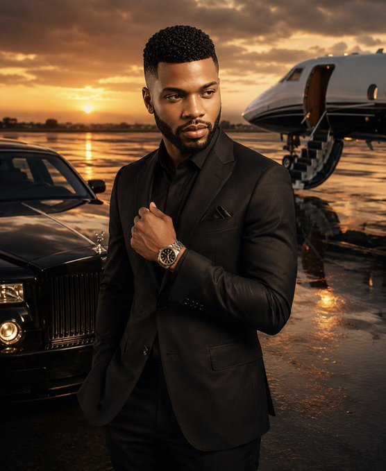 The image features a man dressed in a suit, standing next to an airplane. The man appears to be wearing a watch as well. The background of the photo shows a car parked nearby, with a sunset visible behind them. The caption for this image reads "good morning ladies and mentlegen: happy friday to y'all another day to preach @NomismaNetwork x @River4fun $RIVER".