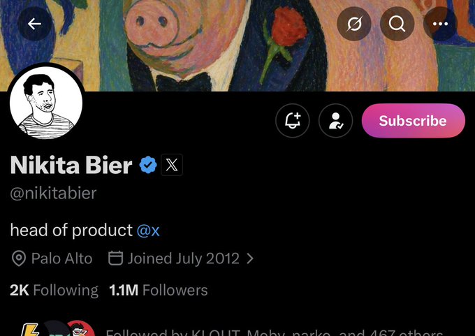 An X (Twitter) profile page for Nikita Bier (@nikitabier), Head of Product @x, based in Palo Alto, joined July 2012, with 1.1M followers.