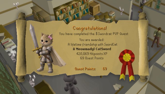 A video game screenshot showing a quest completion scroll for the '$SwordCat PVP Quest', awarding 'A Meowmadgl CatSword', 420,069 Hitpoints XP, and 69 Quest Points.