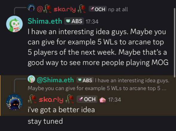 A Discord chat screenshot shows users @Shima.eth and @skarly discussing ideas about MOG game, with Shima suggesting rewards for top arcane players and skarly responding 'i've got a better idea, stay tuned'.
