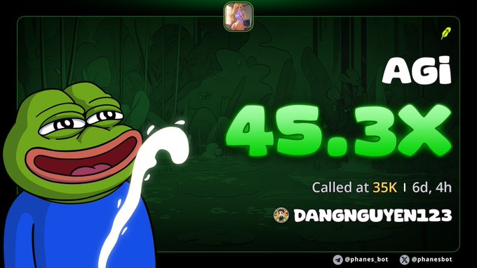 A Pepe the Frog meme graphic with a green jungle background, displaying 'AGi 45.3X' in large green text, noted as 'Called at 35K' by user 'DANGNGUYEN123', with phanes.bot watermarks.