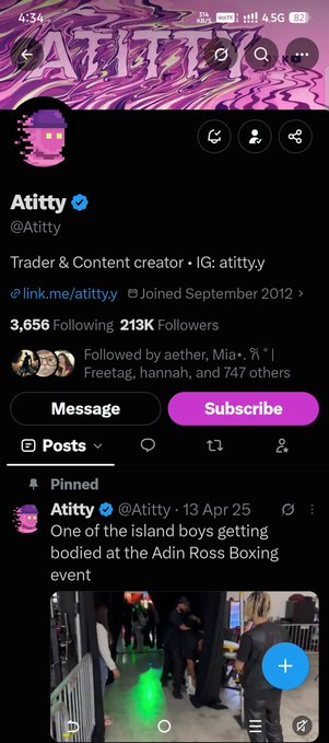 A Twitter profile page for 'Atitty' (@Atittyy), a Trader & Content creator with 213K followers, featuring a pinned post about 'island boys getting bodied at the Adin Ross Boxing event.'