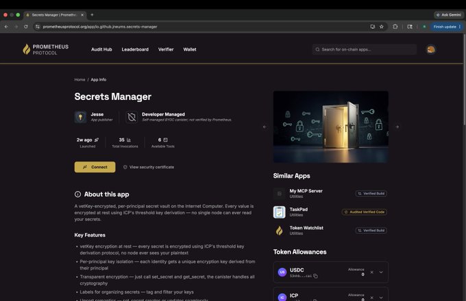 The image shows a computer screen displaying the website "Secrets Manager" against a dark purple background with white text. The title of the webpage suggests that this is a vault for storing sensitive information securely. The website provides details about the security features, such as being secured on the Internet Computer Protocol (IPC), and the use of Bitcoin keys to access it. Users need to input their master key at rest in order to access the contents of the vault, ensuring that only the owner has access to the stored information.