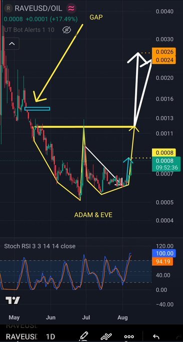 A TradingView chart of RAVEUSD showing price at 0.0008 with +17.49% gain, featuring technical analysis annotations including 'GAP', 'ADAM & EVE' patterns, and a Stochastic RSI indicator showing overbought conditions at 100.00.