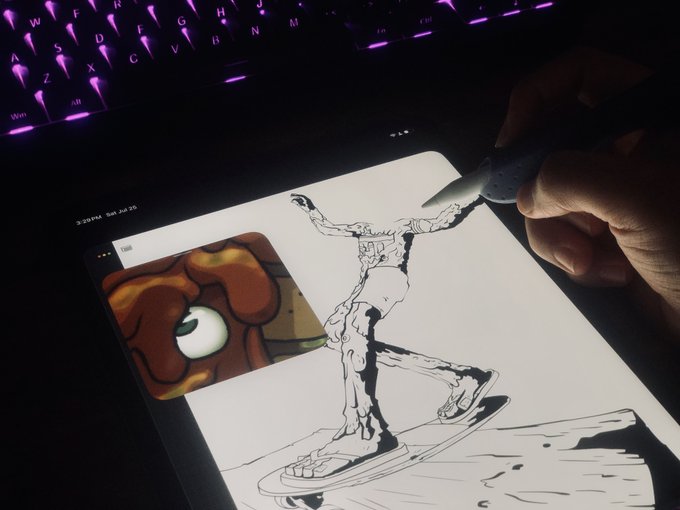 A hand uses a stylus to draw a black-and-white sketch of a skateboarder on a tablet, with a Bored Ape NFT image (likely from the @BoredApeYC collection) open in the background as reference. The date "Sat Jul 30" and time "2:28 PM" are visible on the tablet screen, matching the artist's Saturday "back to the grind" creative session featuring their "monke art."