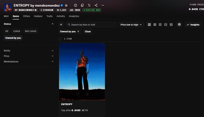 A screenshot of the NFT marketplace showing the collection 'ENTROPY by mendezmendez' with ETH price displayed (1.322 ETH, FLOOR PRICE 0.8439 ETH), featuring an item titled 'ENTROPY' with a top offer of 0.8489 WETH.