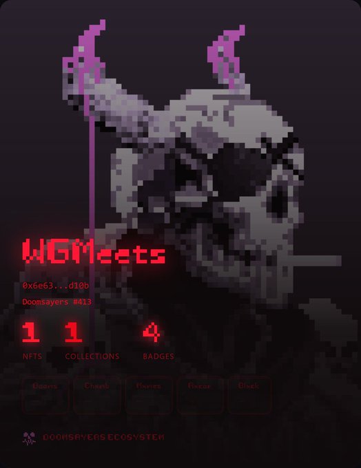 A pixel art profile featuring a skull-like figure with purple horns and the text 'WGMeets', 'Doomsayers #413', showing 1 NFT, 1 collection, and 4 badges from the Doomsday Ecosystem.