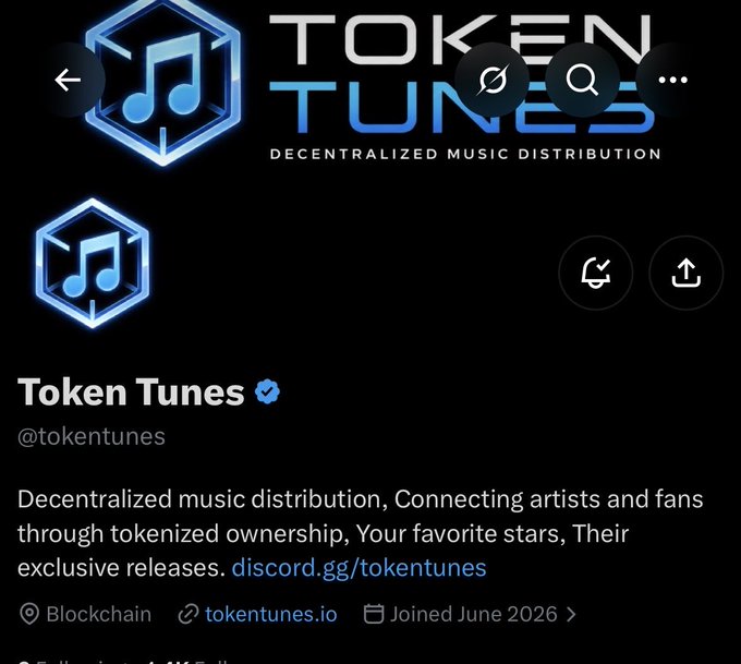 A profile page for Token Tunes (@tokentunes) on X, a decentralized music distribution platform on the blockchain, with banner reading 'DECENTRALIZED MUSIC DISTRIBUTION'.