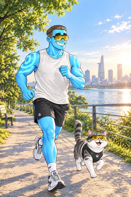 An anime-style illustration of a muscular blue-skinned man wearing yellow sunglasses and athletic gear, jogging along a path with a small cat wearing matching sunglasses, set against a city skyline by the bay.