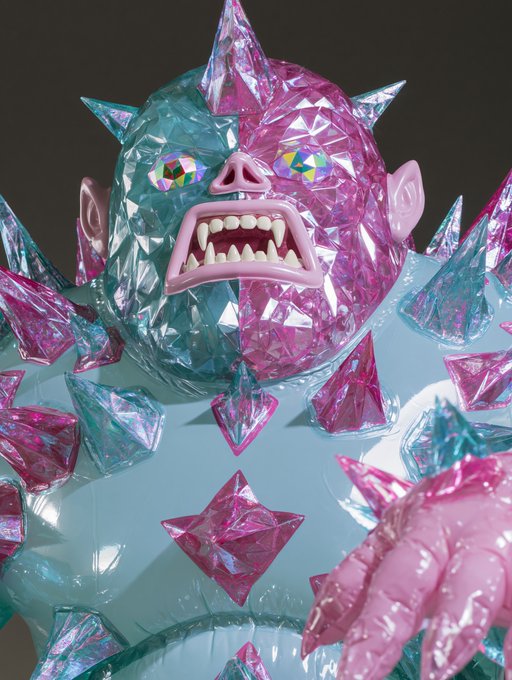 A 3D rendering of a crystalline figure with pink and blue spiky armor, sharp teeth, and rainbow-colored gem eyes.