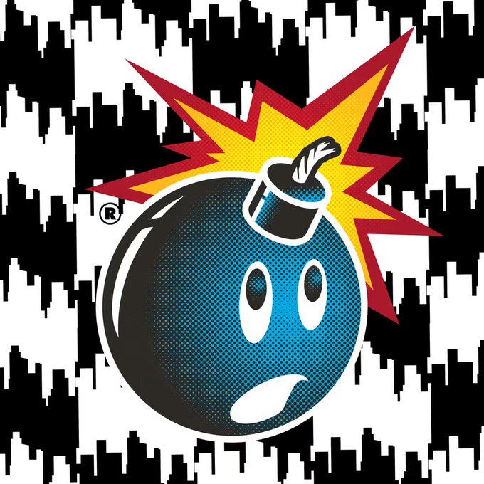 A pop-art style illustration of a blue cartoon bomb with a face, featuring a lit fuse against a yellow and red explosion graphic, set against a black and white pixelated pattern background with a registered trademark symbol.