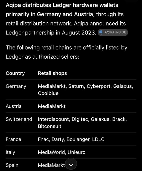 A list of authorized Ledger hardware wallet retailers across Europe, including MediaMarkt, Saturn, Cyberport, and Galaxus in Germany, with the warning that devices purchased from these retailers may be compromised, putting funds at risk.