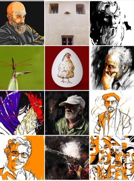 The image consists of a grid with multiple photos, including portraits of different people along with various elements depicting chickens such as a rooster and an egg. The posts are titled "Hello Dear Collectors" and some provide background information about the photographer or artist. There is no specific text related to the objects in the picture, but there may be descriptions regarding each photo's subject matter.