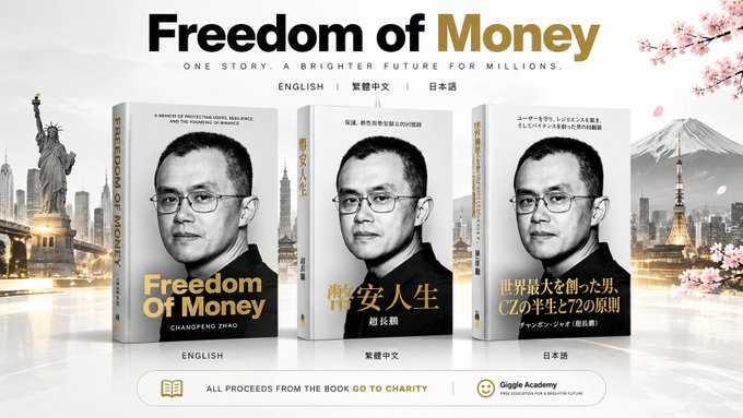 a promotional banner for the book 'Freedom of Money' by Changpeng Zhao, showing the book in English, traditional Chinese, and Japanese editions, with 'ALL PROCEEDS FROM THE BOOK GO TO CHARITY' and Giggle Academy logos