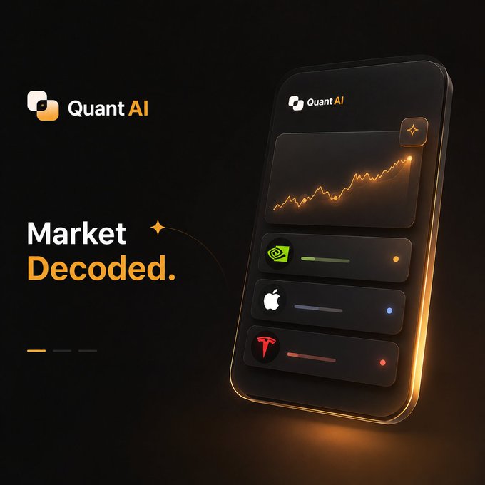 Promotional graphic for "Quant AI" app with tagline "Market Decoded." featuring a smartphone displaying stock charts and watchlist items including NVIDIA, Apple, and Tesla.
